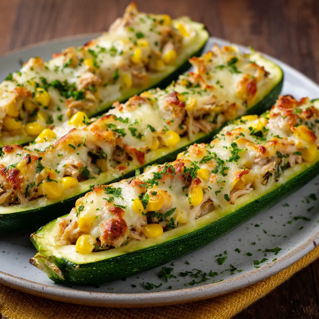 Courgettes farcies au poulet moelleux gratinées dans un plat à four