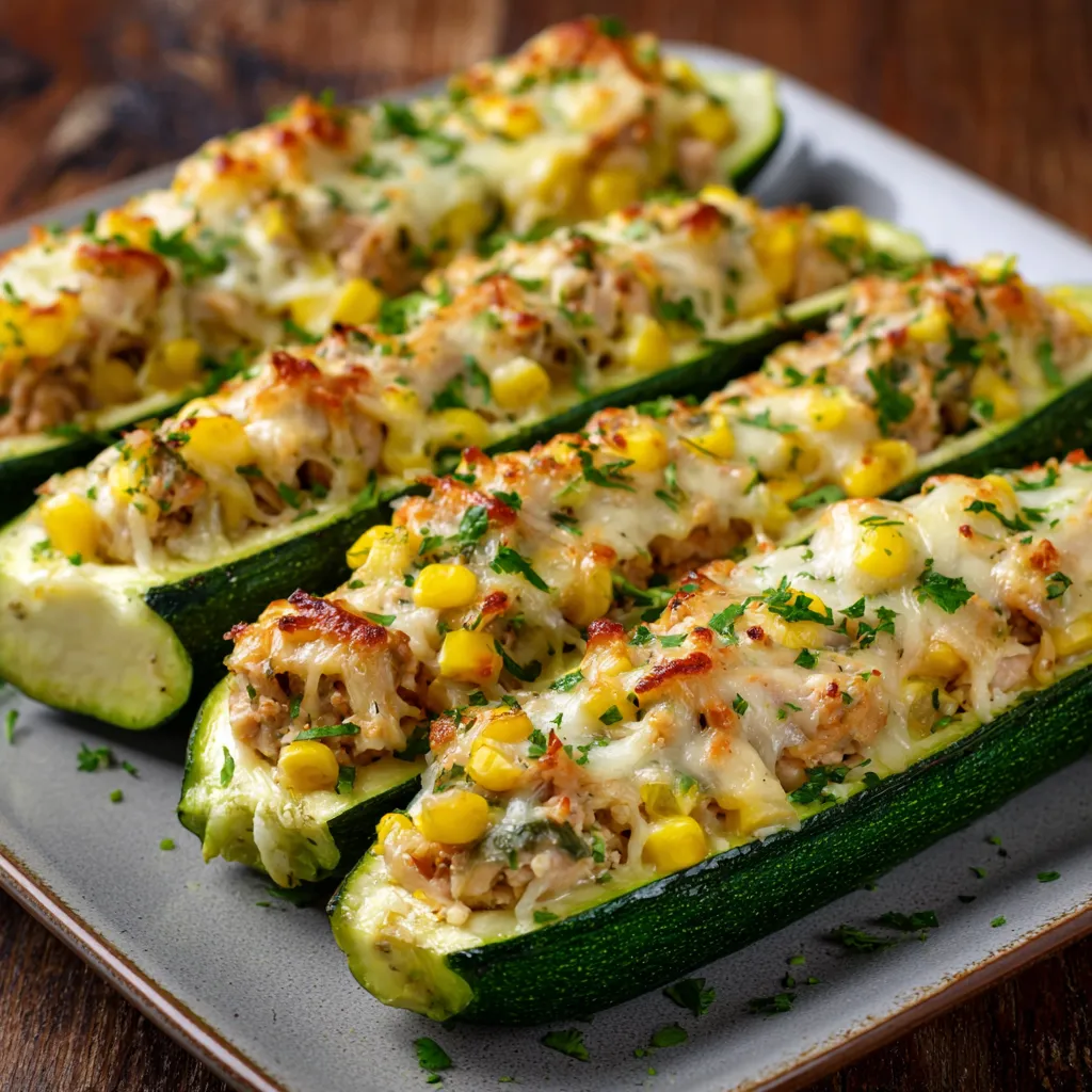 Courgettes farcies au poulet moelleux gratinées dans un plat à four