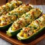 Courgettes farcies au poulet moelleux gratinées dans un plat à four