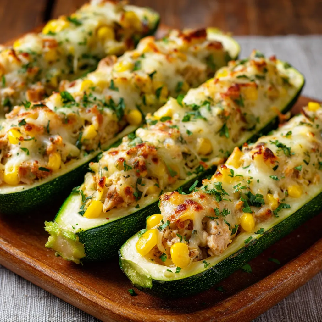 Courgettes farcies au poulet moelleux gratinées dans un plat à four