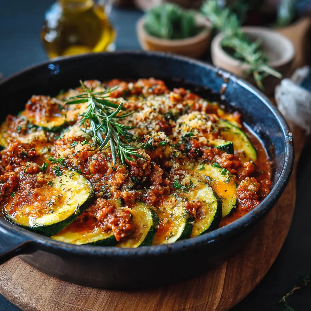 Gratinado de calabacines con salsa boloñesa dorado al horno