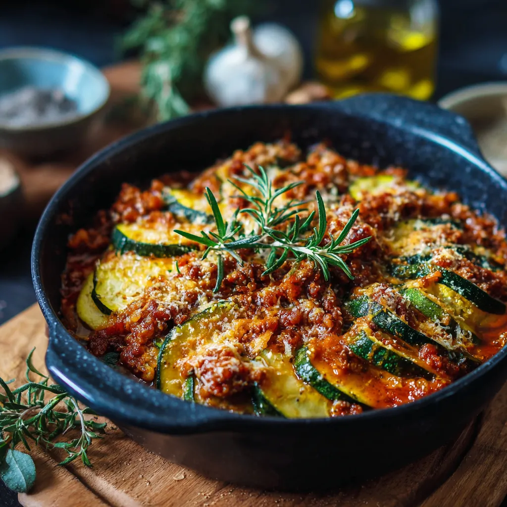 Gratinado de calabacines con salsa boloñesa dorado al horno