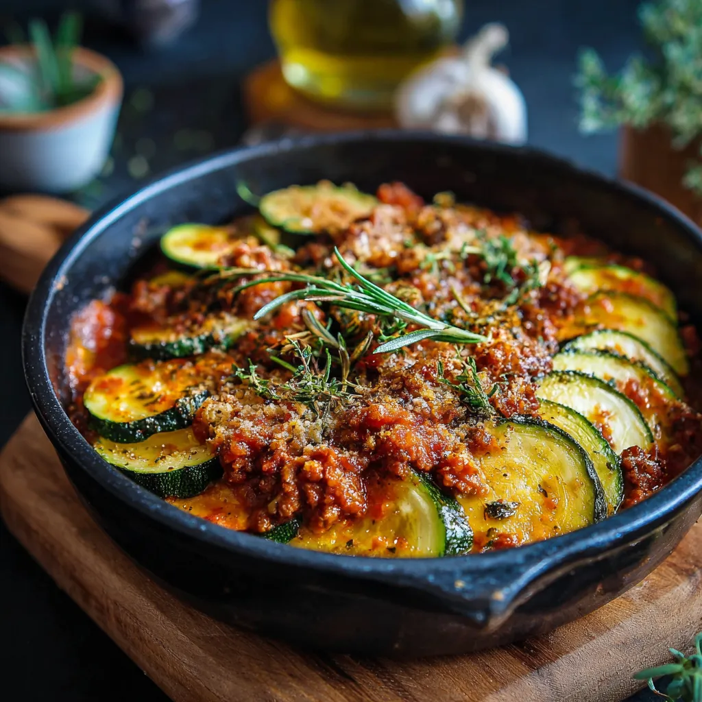 Gratinado de calabacines con salsa boloñesa dorado al horno