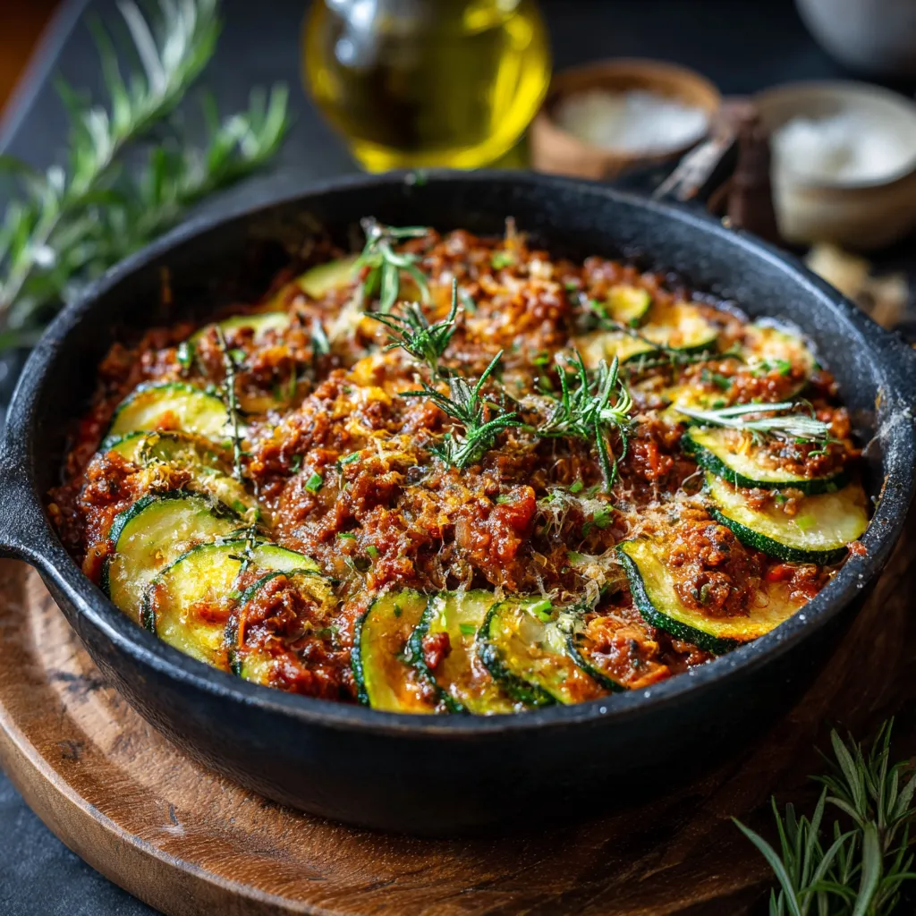 Gratinado de calabacines con salsa boloñesa dorado al horno