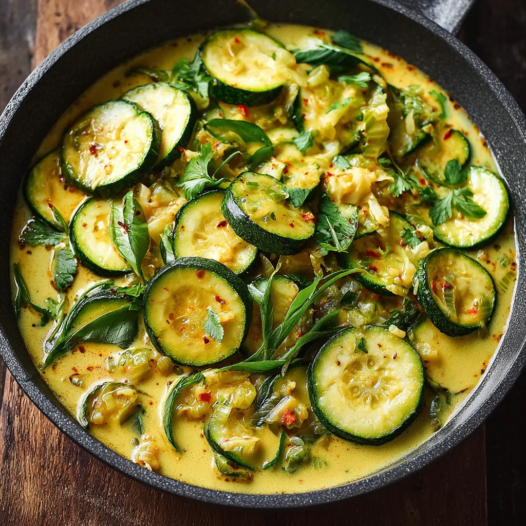 Plat de courgettes sautées au lait de coco et curry dans une poêle avec oignons et herbes fraîches