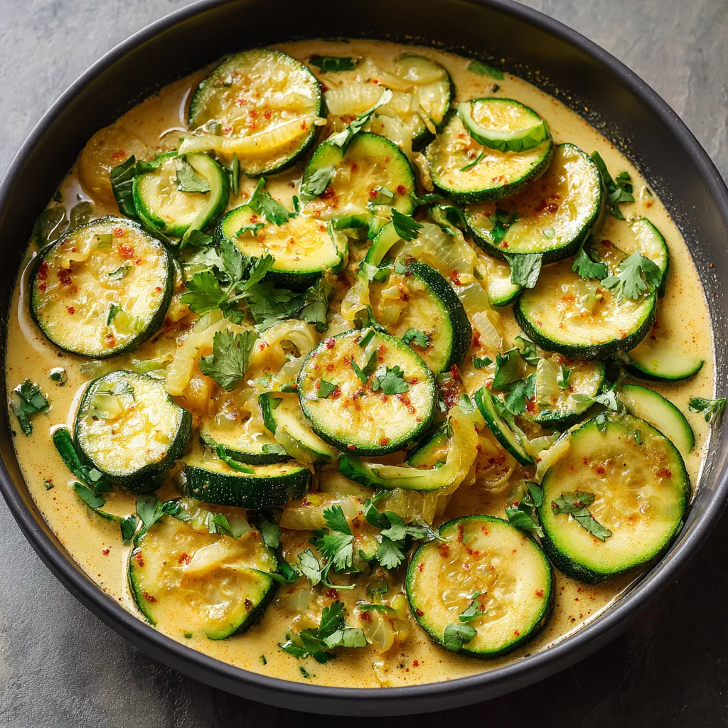 Plat de courgettes sautées au lait de coco et curry dans une poêle avec oignons et herbes fraîches