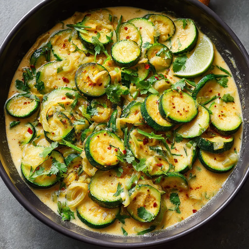 Plat de courgettes sautées au lait de coco et curry dans une poêle avec oignons et herbes fraîches