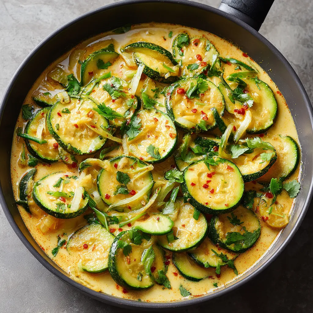 Plat de courgettes sautées au lait de coco et curry dans une poêle avec oignons et herbes fraîches