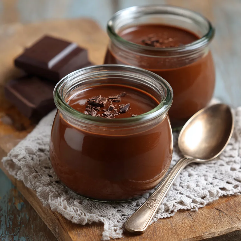 Crème chocolat maison servie dans un ramequin blanc avec une cuillère