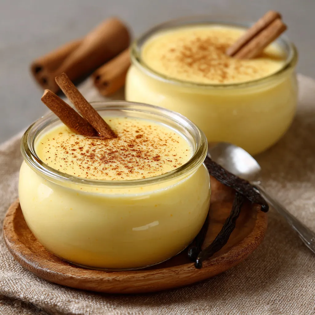 Crème dessert à la vanille maison servie dans un ramequin avec une légère touche de cacao en poudre