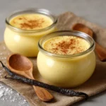 Crème dessert à la vanille maison servie dans un ramequin avec une légère touche de cacao en poudre