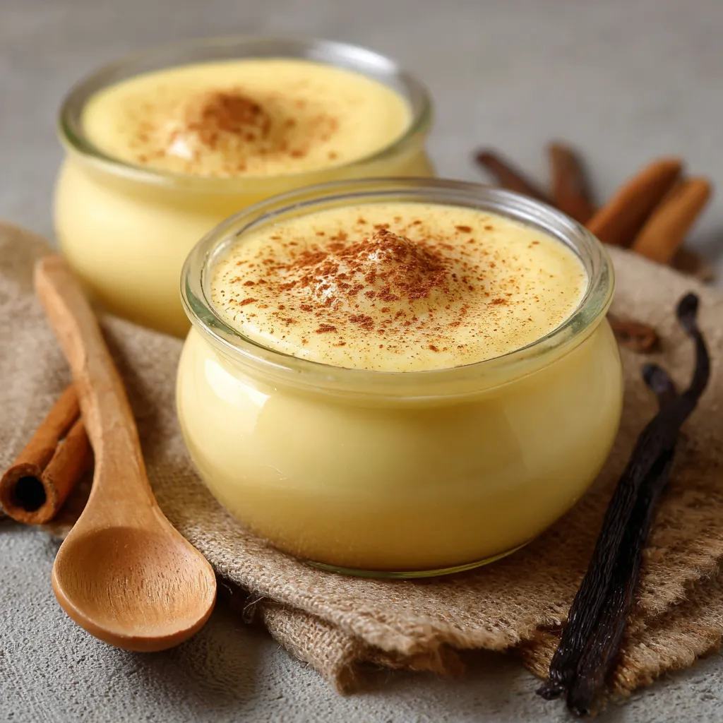 Crème dessert à la vanille maison servie dans un ramequin avec une légère touche de cacao en poudre