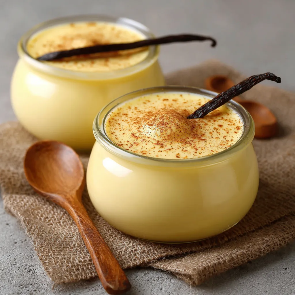 Crème dessert à la vanille maison servie dans un ramequin avec une légère touche de cacao en poudre