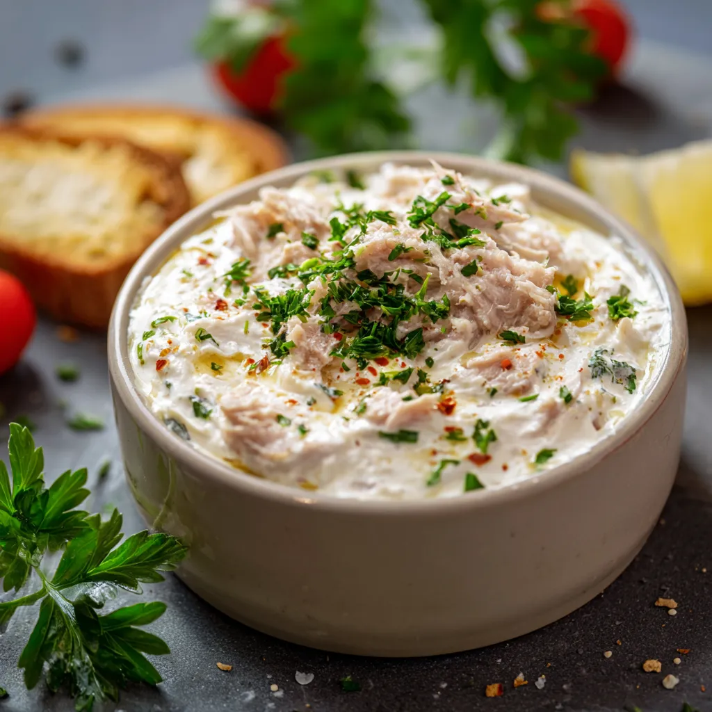 Bol de crème au thon apéritive garni de ciboulette et servi avec des crackers croustillants