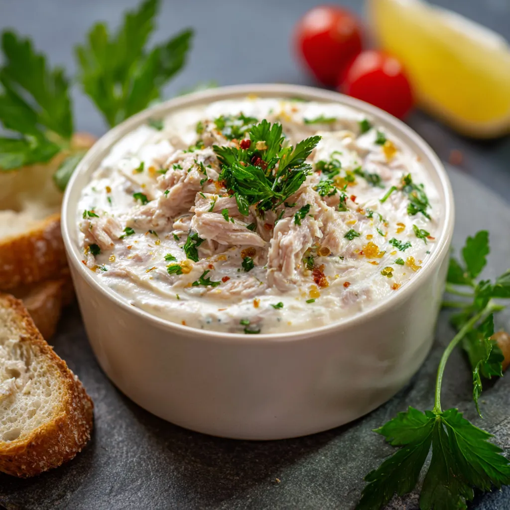 Bol de crème au thon apéritive garni de ciboulette et servi avec des crackers croustillants