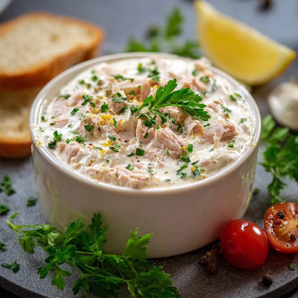 Bol de crème au thon apéritive garni de ciboulette et servi avec des crackers croustillants