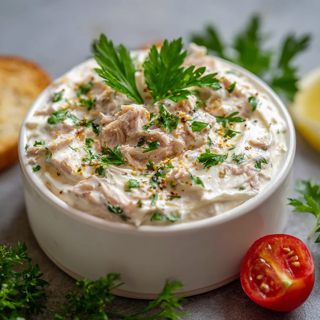 Bol de crème au thon apéritive garni de ciboulette et servi avec des crackers croustillants