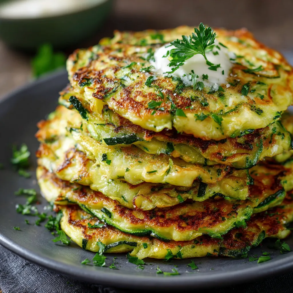 Crêpes de courgettes dorées et croustillantes servies dans une assiette blanche avec du persil frais