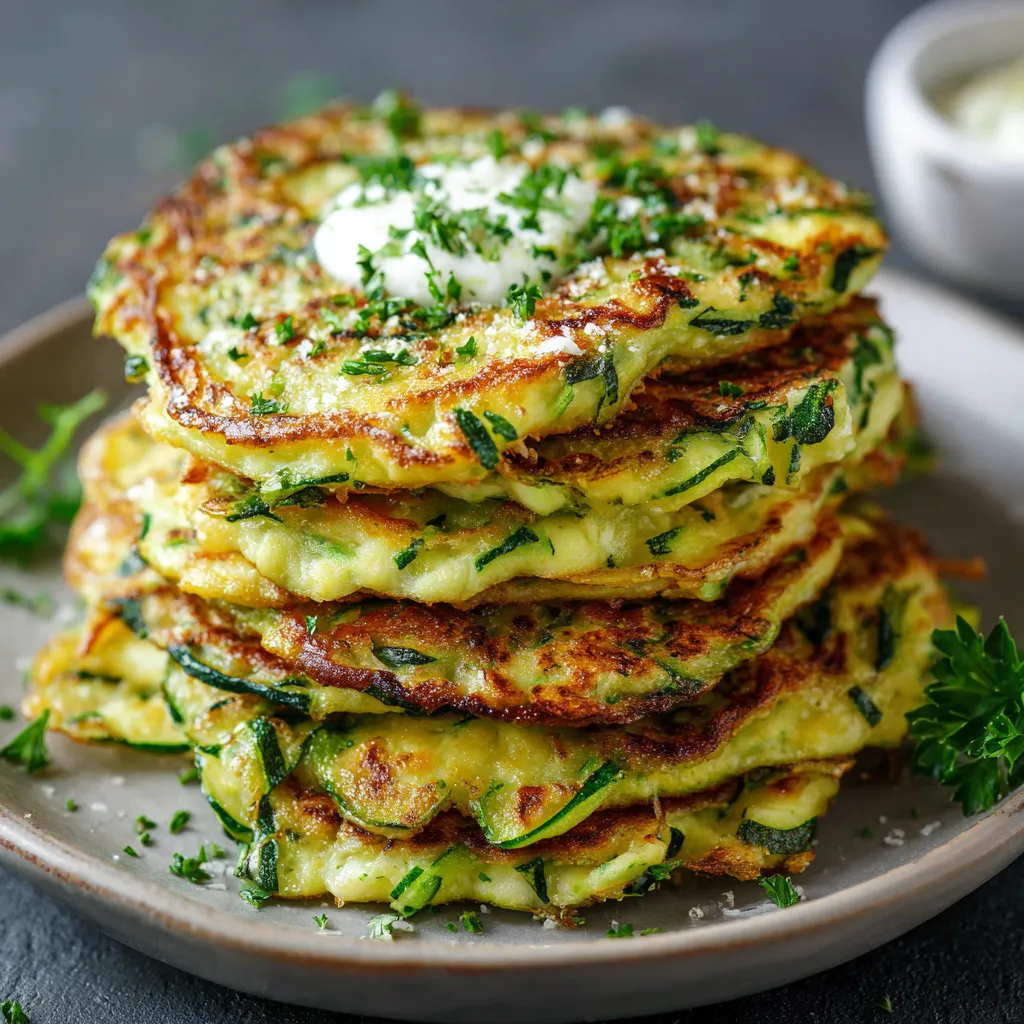 Crêpes de courgettes dorées et croustillantes servies dans une assiette blanche avec du persil frais