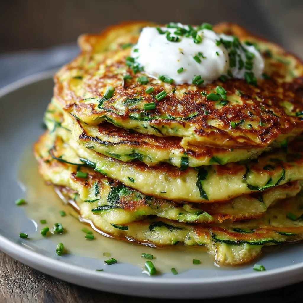 Crêpes de courgettes dorées et croustillantes servies dans une assiette blanche avec du persil frais