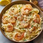Assiette de crevettes Alfredo crémeuses avec fettuccine et persil frais