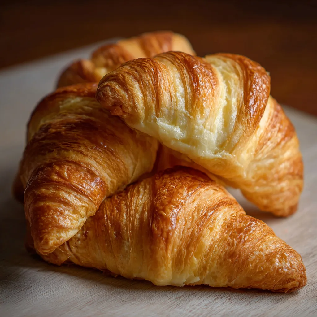 Croissants au beurre maison dorés et feuilletés, fraîchement sortis du four