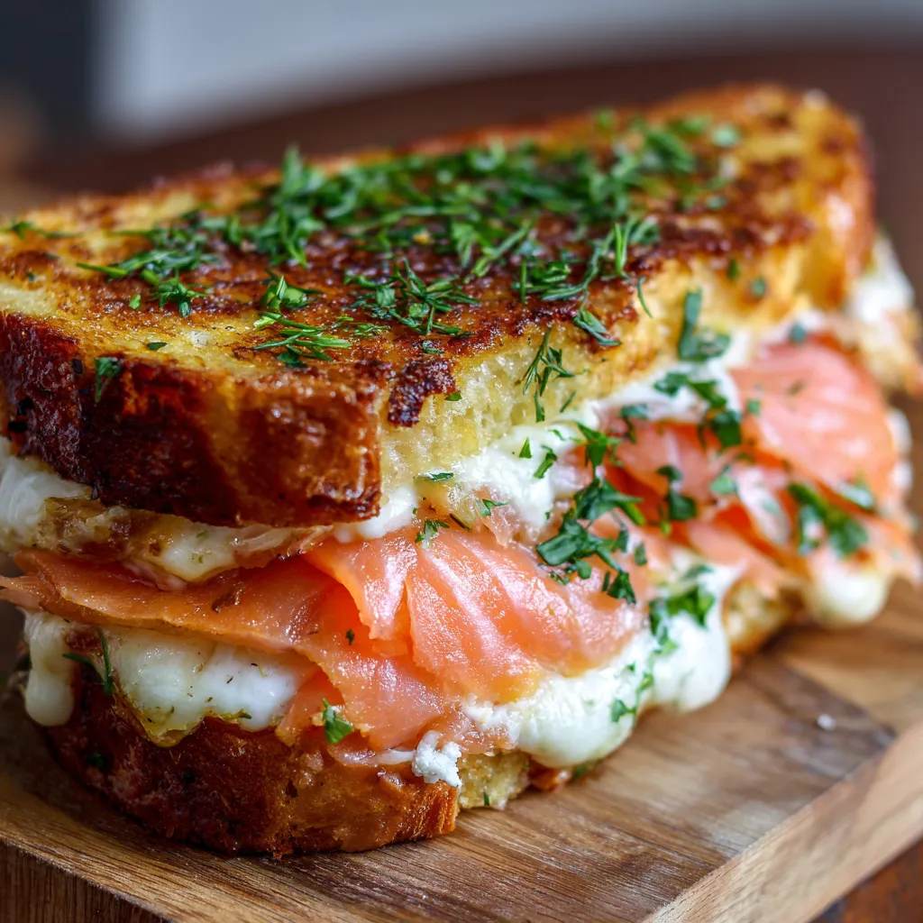 Croque-Norvégien au saumon fumé doré à la poêle, garni de fromage fondu et aneth frais.