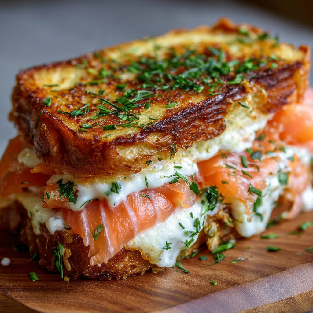 Croque-Norvégien au saumon fumé doré à la poêle, garni de fromage fondu et aneth frais.