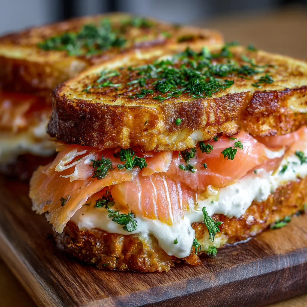 Croque-Norvégien au saumon fumé doré à la poêle, garni de fromage fondu et aneth frais.