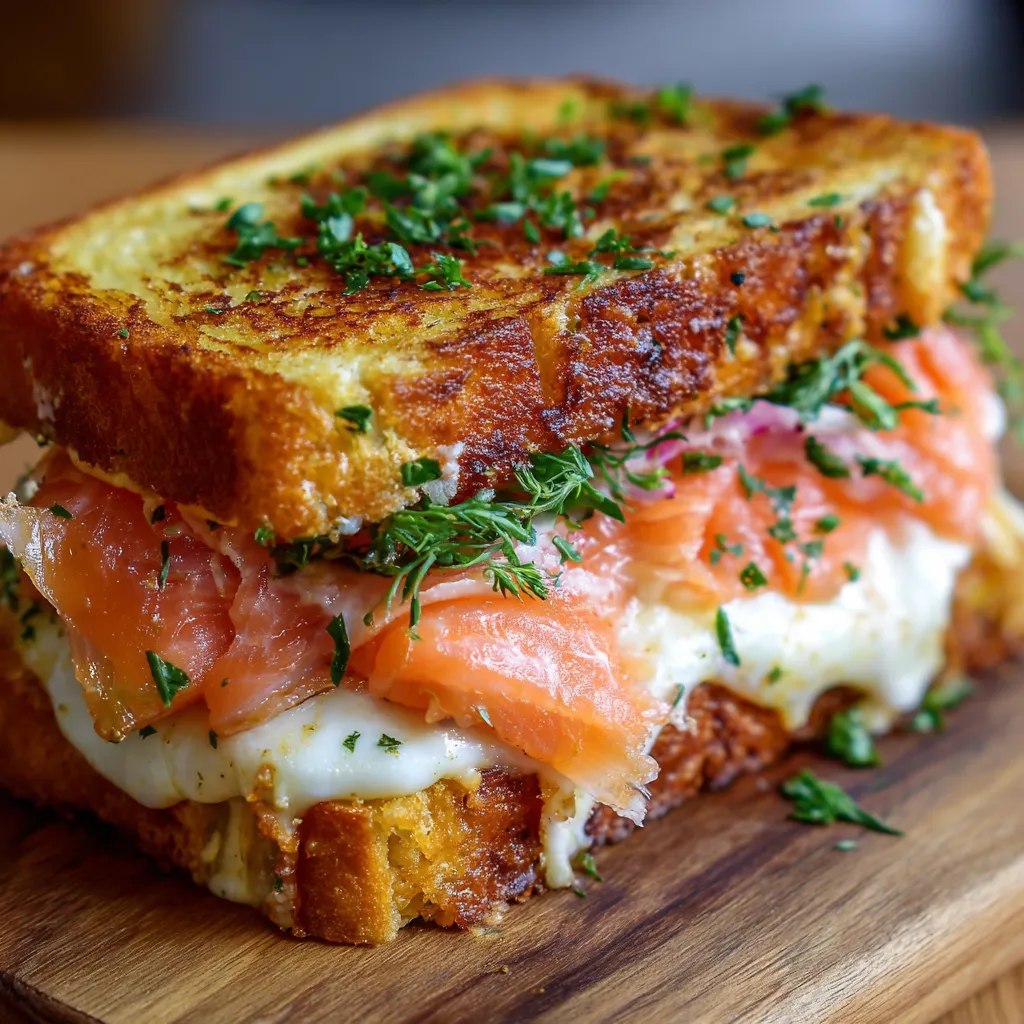 Croque-Norvégien au saumon fumé doré à la poêle, garni de fromage fondu et aneth frais.
