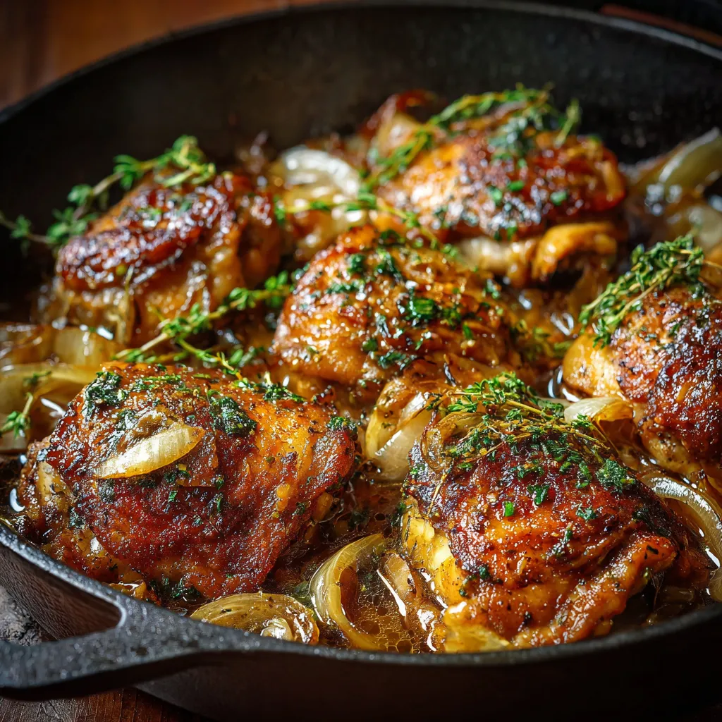 Cuisses de poulet dorées mijotées avec oignons et ail dans une cocotte