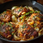 Cuisses de poulet dorées mijotées avec oignons et ail dans une cocotte