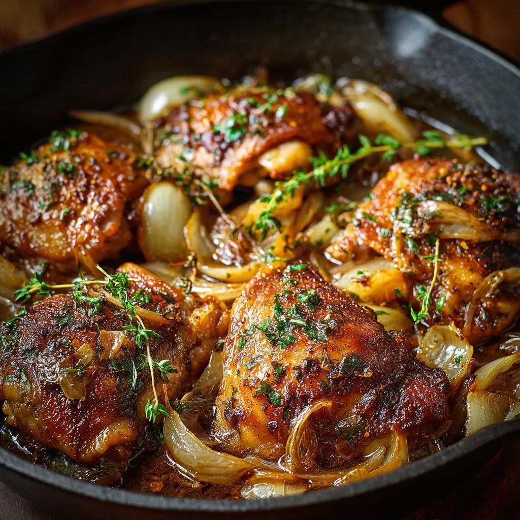 Cuisses de poulet dorées mijotées avec oignons et ail dans une cocotte