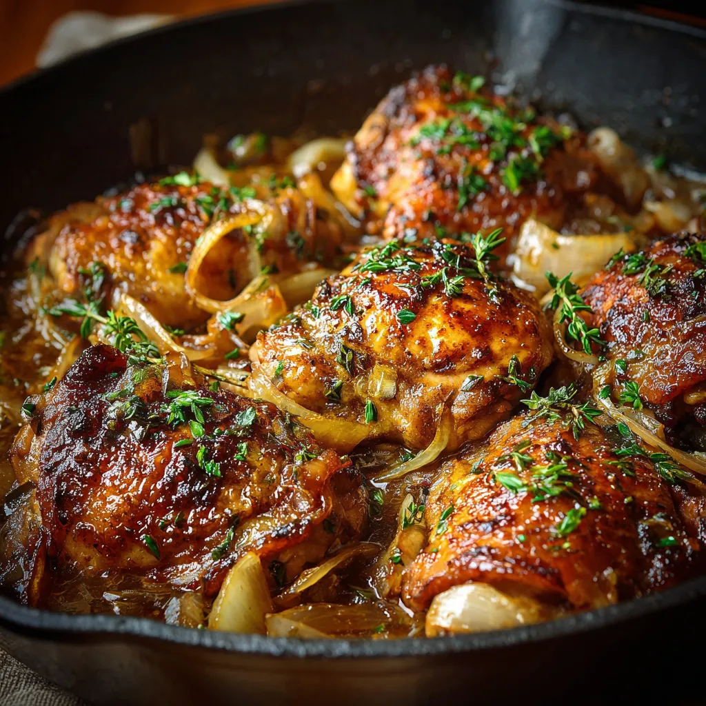 Cuisses de poulet dorées mijotées avec oignons et ail dans une cocotte