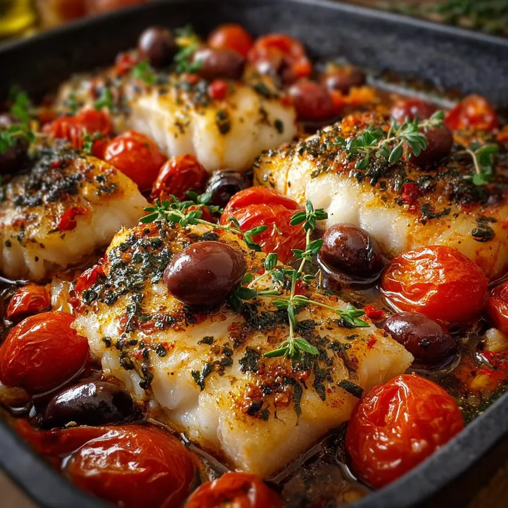 Dos de cabillaud à la provençale avec tomates cerises et olives dans un plat en céramique prêt à être servi