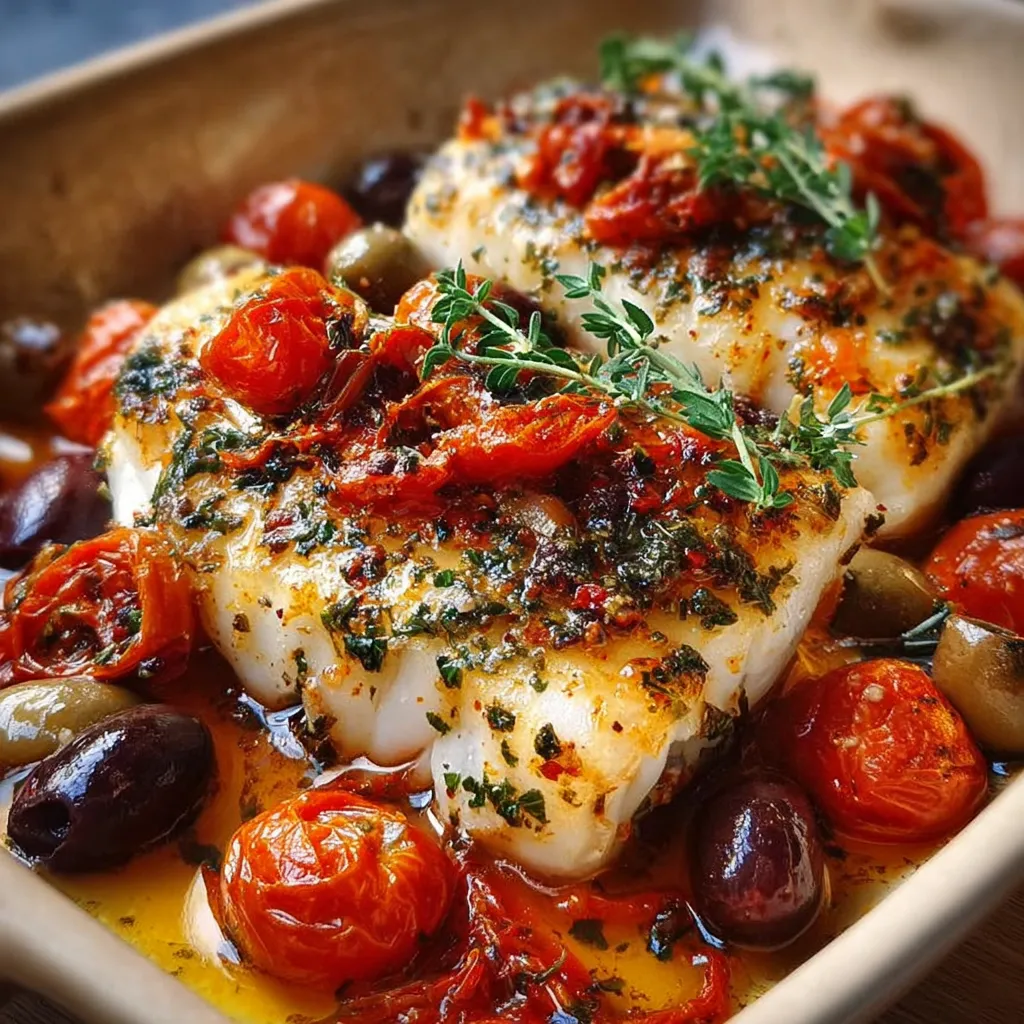 Dos de cabillaud à la provençale avec tomates cerises et olives dans un plat en céramique prêt à être servi