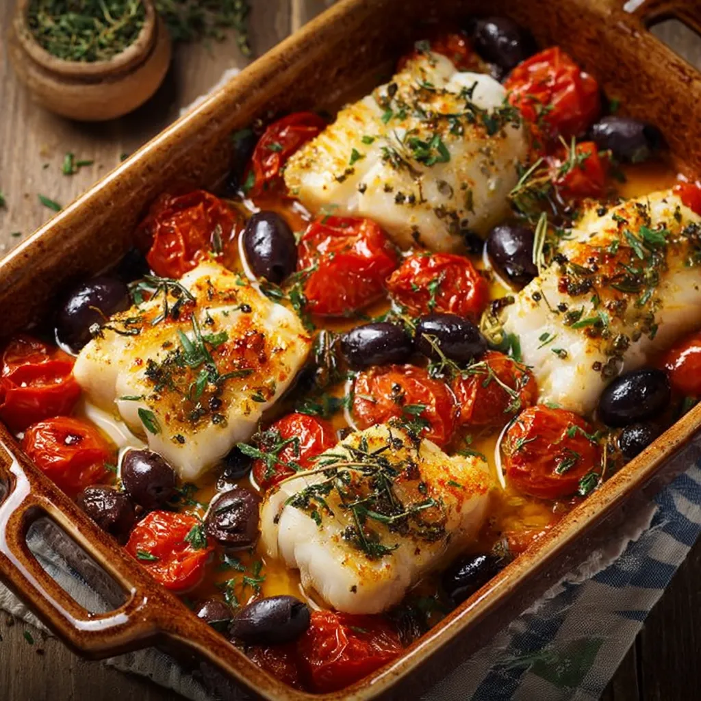 Dos de cabillaud à la provençale avec tomates cerises et olives dans un plat en céramique prêt à être servi