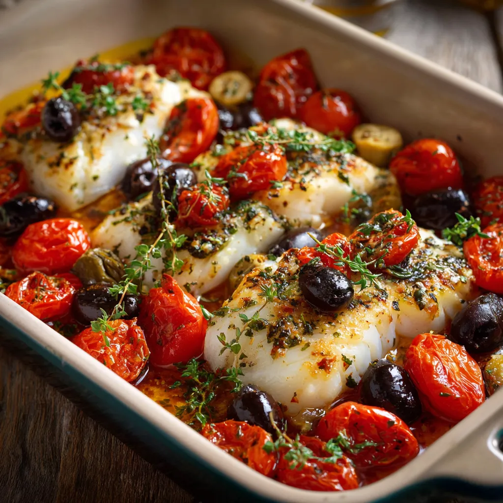 Dos de cabillaud à la provençale avec tomates cerises et olives dans un plat en céramique prêt à être servi