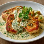 Escalope savoyarde servie dans une assiette, nappée de sauce reblochon fondue, garnie de persil frais