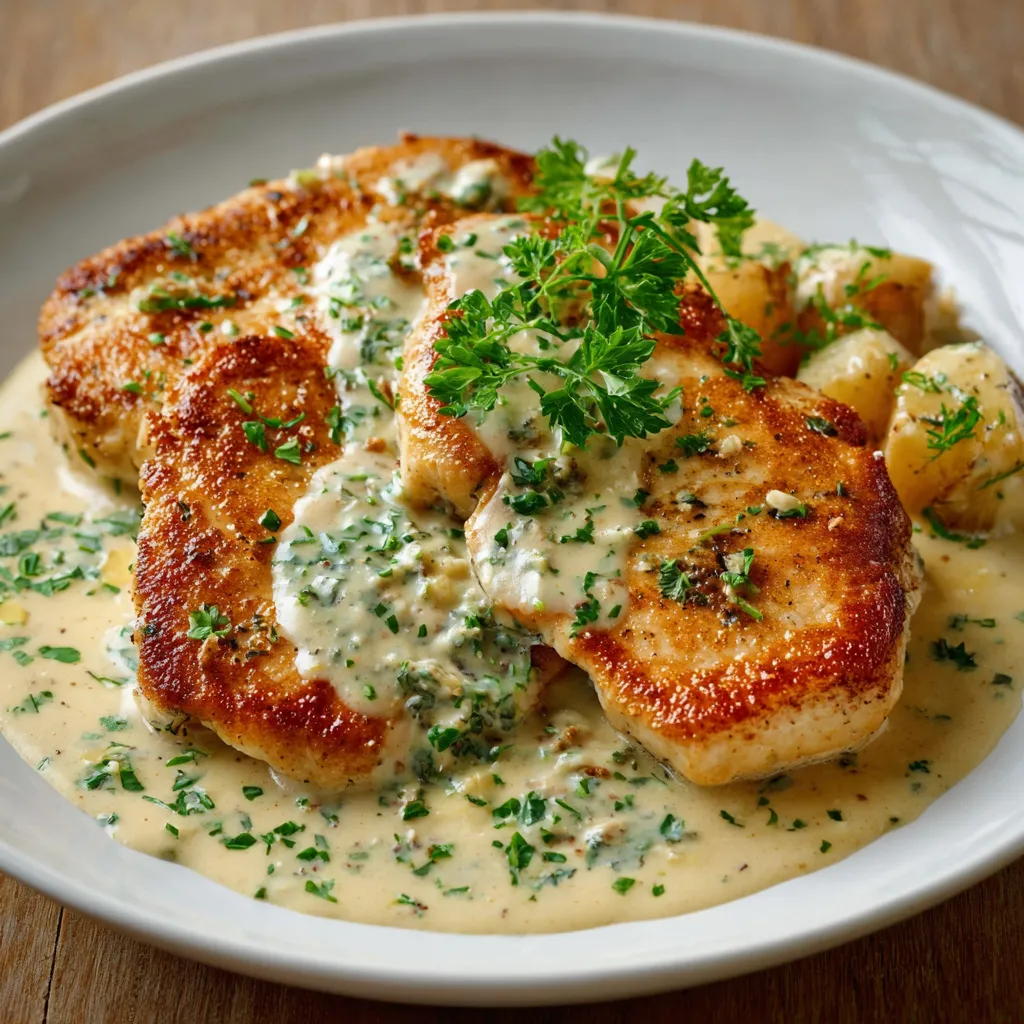 Escalope savoyarde servie dans une assiette, nappée de sauce reblochon fondue, garnie de persil frais