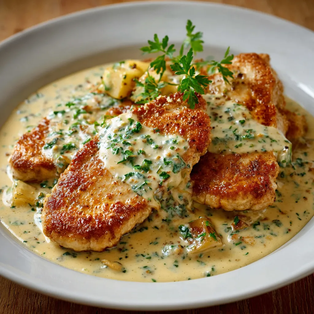 Escalope savoyarde servie dans une assiette, nappée de sauce reblochon fondue, garnie de persil frais