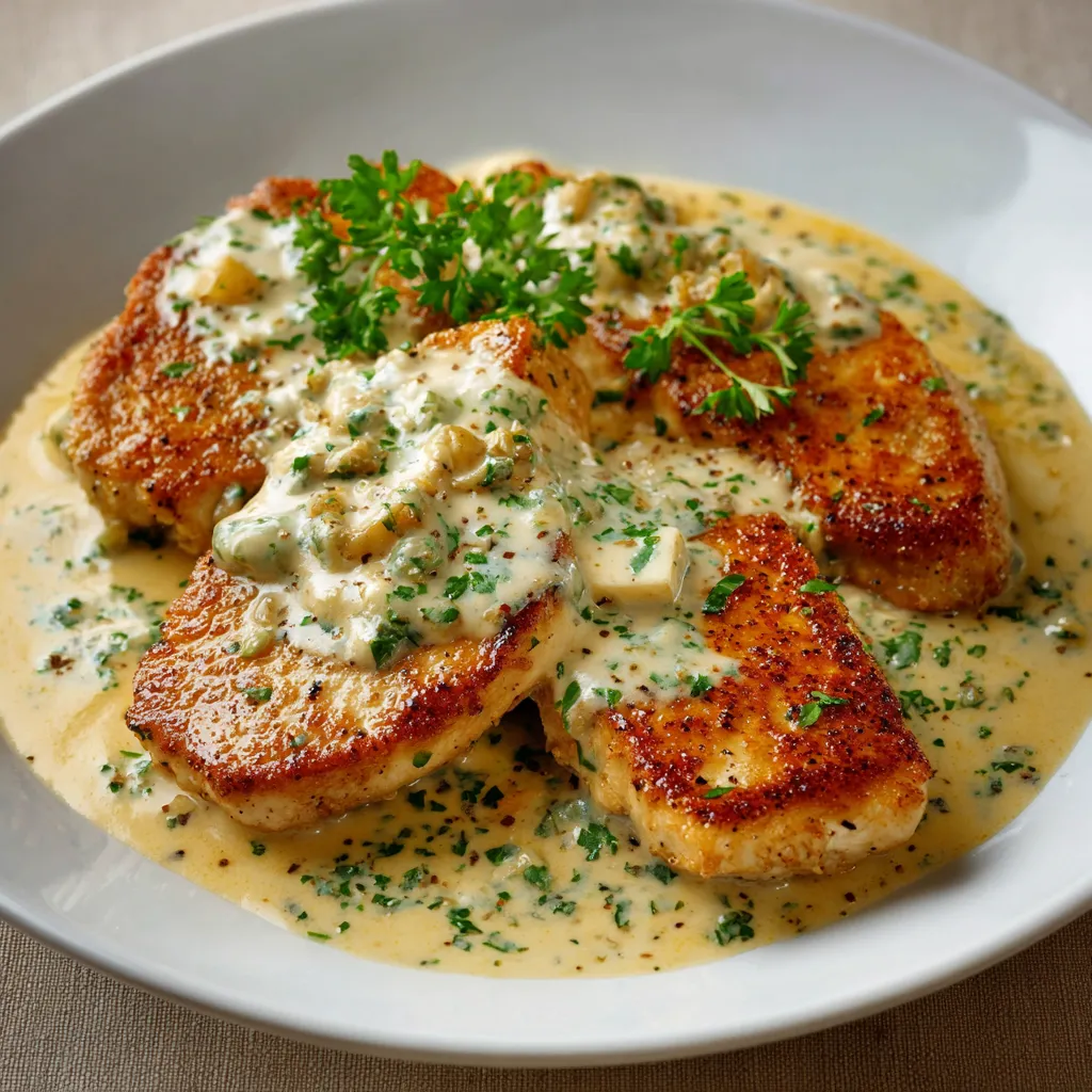 Escalope savoyarde servie dans une assiette, nappée de sauce reblochon fondue, garnie de persil frais