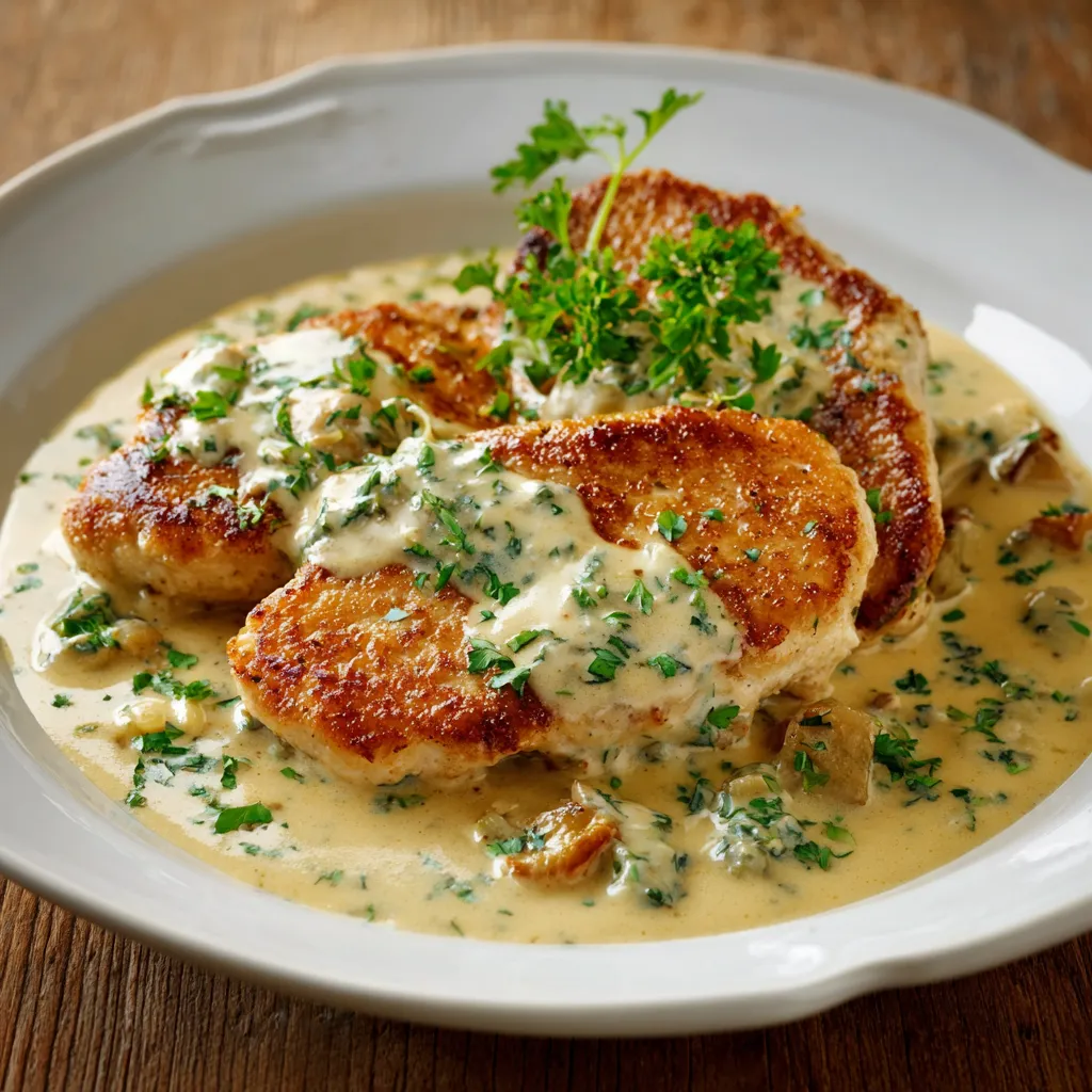 Escalope savoyarde servie dans une assiette, nappée de sauce reblochon fondue, garnie de persil frais