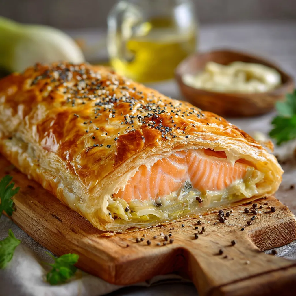 Feuilleté saumon et poireaux doré, garni de graines de pavot, sur une plaque de cuisson