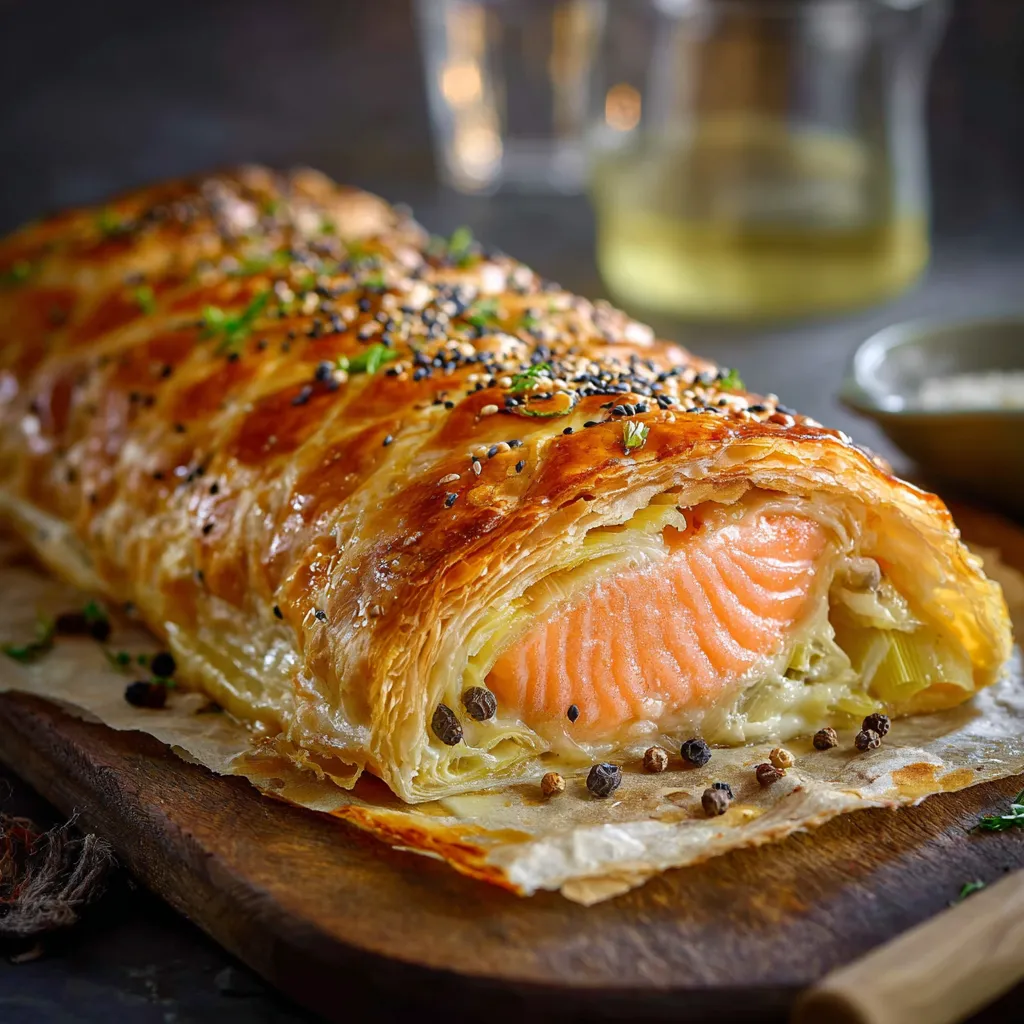 Feuilleté saumon et poireaux doré, garni de graines de pavot, sur une plaque de cuisson