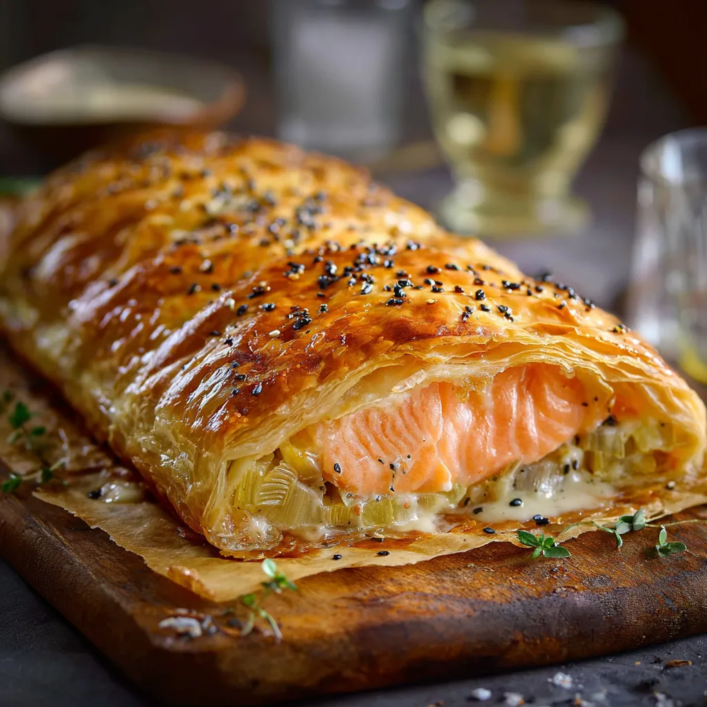 Feuilleté saumon et poireaux doré, garni de graines de pavot, sur une plaque de cuisson