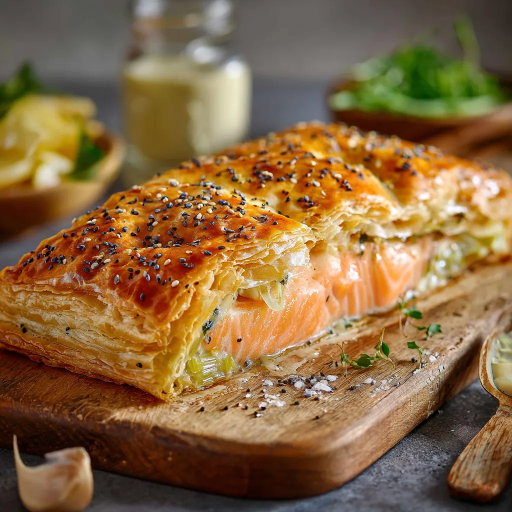 Feuilleté saumon et poireaux doré, garni de graines de pavot, sur une plaque de cuisson