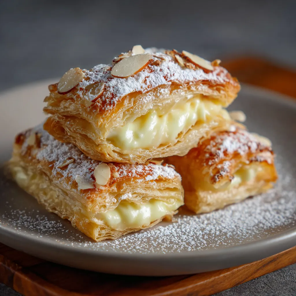 Feuilleté doré à la crème pâtissière et aux amandes croustillantes sortant du four