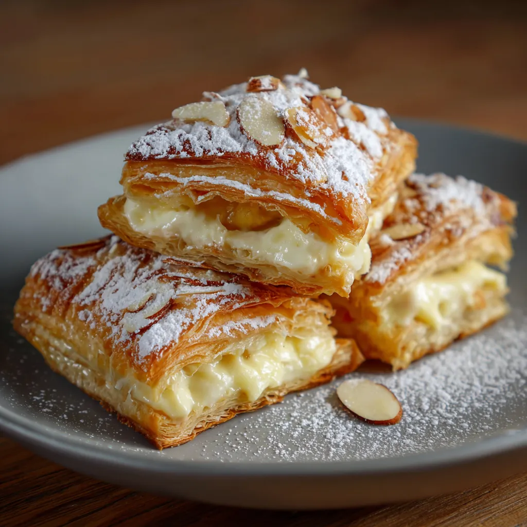 Feuilleté doré à la crème pâtissière et aux amandes croustillantes sortant du four