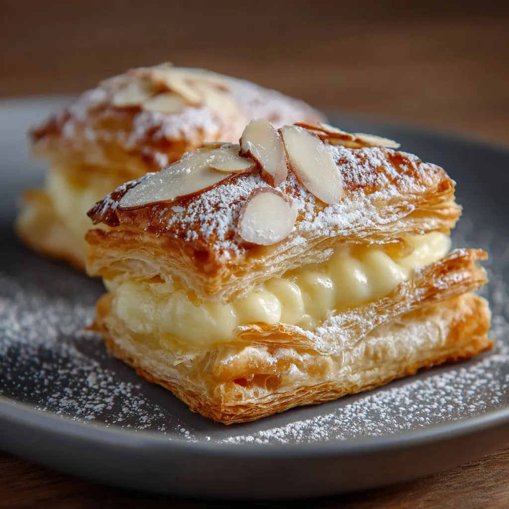 Feuilleté doré à la crème pâtissière et aux amandes croustillantes sortant du four